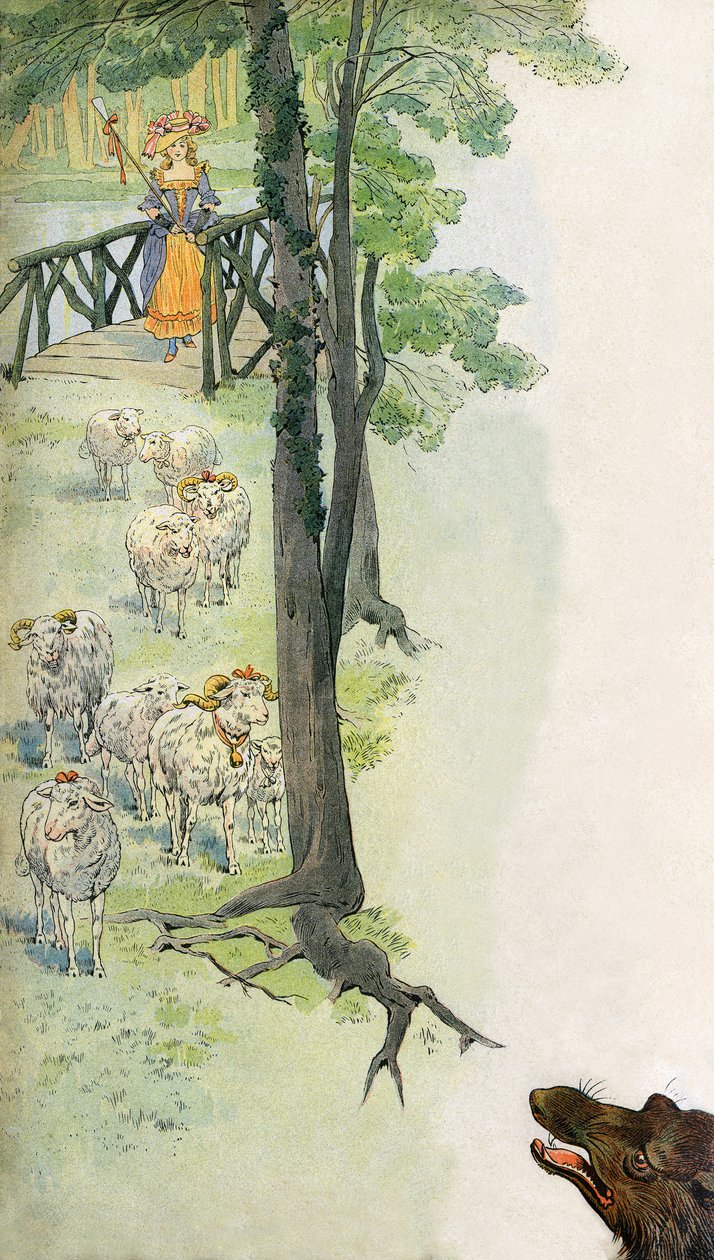 Bergere trzymający swoje owce (owce i beliery) na wsi, pod groźnym spojrzeniem wilka - Ilustracja Hioba (Jacques Marie Gaston Onfroy de Breville) (1858-19131) do książki "La Cantiniere" G. Montorgueila, ok. 1900 r. autorstwa pseudonym for Onfray de Breville Jacques Job