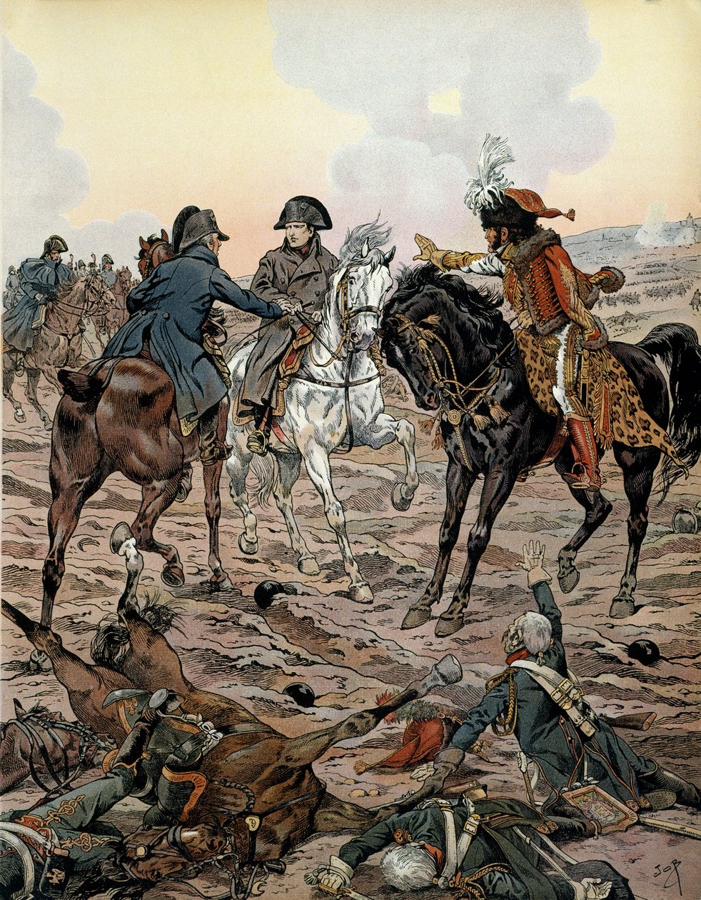 Kampania austriacka (1805): W bitwie pod Ulm (15-17 października 1805) Louis Alexandre (Louis-Alexandre) Berthier (1753-1815) i Joachim Murat (1767-1815) poprosili cesarza o odejście od pole bitwy o jego bezpieczeństwo - W „”Napoleon” autorstwa autorstwa pseudonym for Onfray de Breville Jacques Job