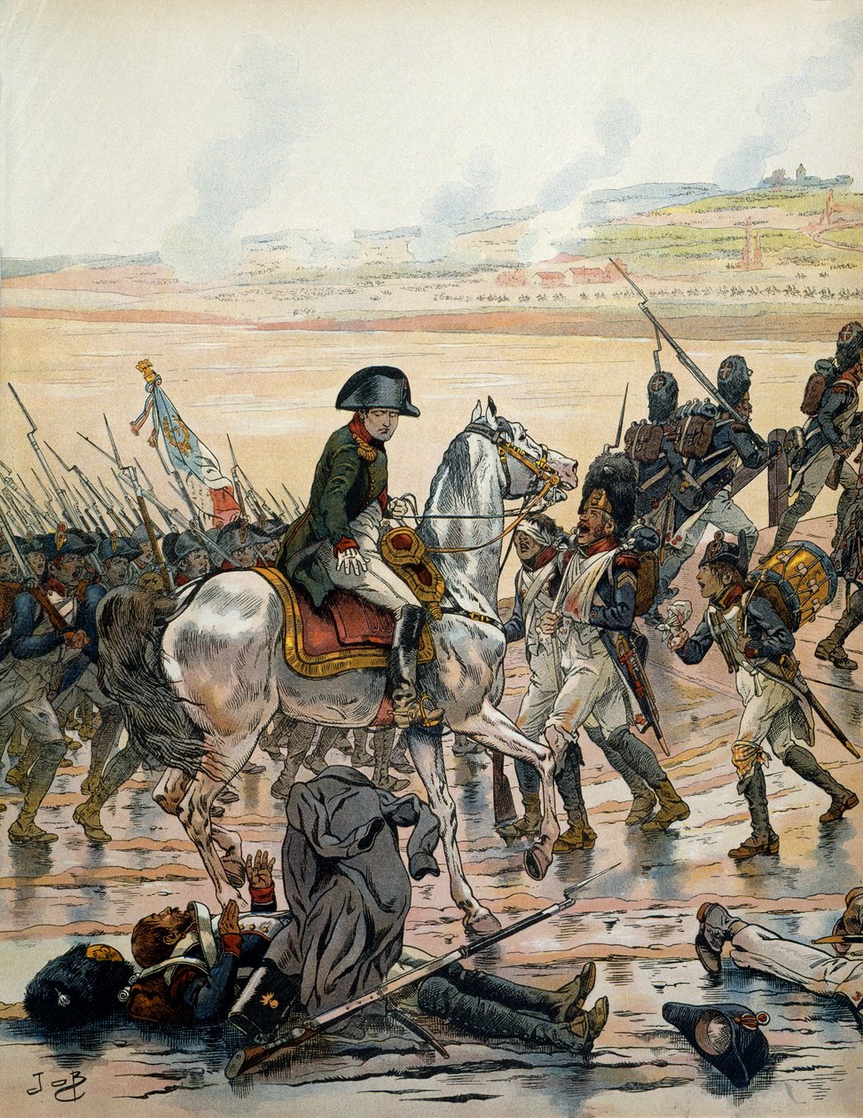 Kampania austriacka (1805): W Elchingen Napoleon I Bonaparte (1769-1821) odwiedzający pole bitwy rozpoznaje grenadiera z armii egipskiej, leżącego na plecach, wystawionego na deszcz, który pada strumieniami i nadal krzyczy do jego towarzysze „” Forw autorstwa pseudonym for Onfray de Breville Jacques Job