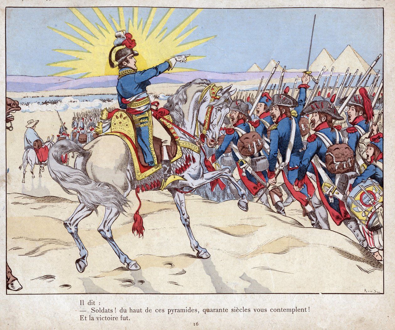 Kampania w Egipcie: Napoleon prowadzi swoje wojska na bitwę pod piramidami, 21 lipca autorstwa pseudonym for Onfray de Breville Jacques Job