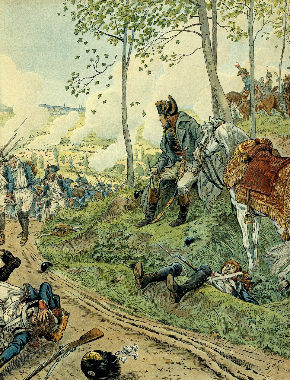 Kampania włoska (1799-1800): Napoleon I Bonaparte (1769-1821) w bitwie pod Marengo 14 czerwca 1800 r. w Piemoncie (Włochy), przeciwstawiając się armii napoleońskiej i austriackiej. Ilustracja Jacques Marie Gaston Onfray de Breville dit JOB (1858-1931). Pry autorstwa pseudonym for Onfray de Breville Jacques Job