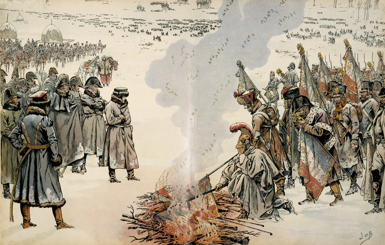 Kampania Rosji (1812): Podczas odwrotu Rosji Napoleon I Bonaparte (1769-1821) nakazał spalić flagi i orły, aby nie dopuścić do ich przejęcia przez wroga. W „”Napoleonie”” Georgesa Montorgueila. Ilustracja Jacquesa Marie Gastona Onfray autorstwa pseudonym for Onfray de Breville Jacques Job