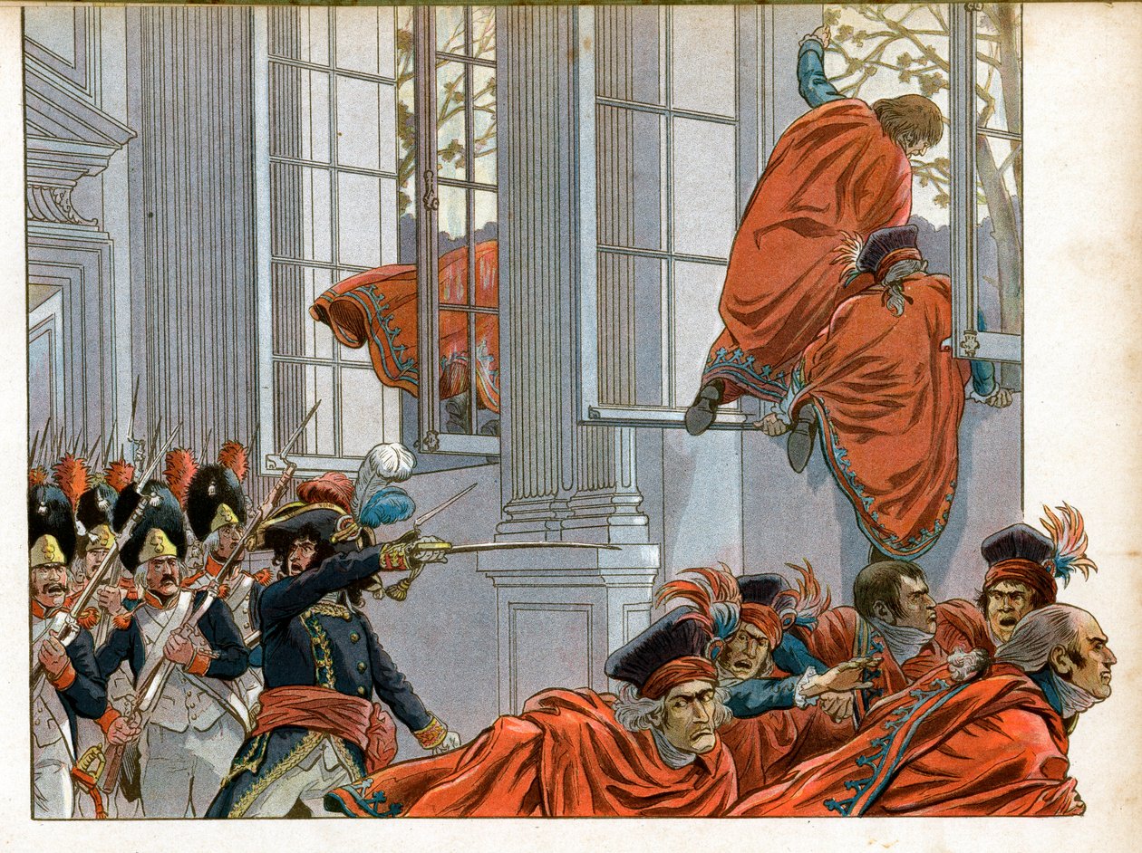 Konsulat: Joachim Murat (1767-1815) wchodzi do Izby Rady Pięciu Centów (Sala 500) z 50 mężczyznami, aby wypędzić senatorów podczas zamachu stanu 18 mgły (9/11 /1799) która zakończyła Zarząd i dała początek autorstwa pseudonym for Onfray de Breville Jacques Job