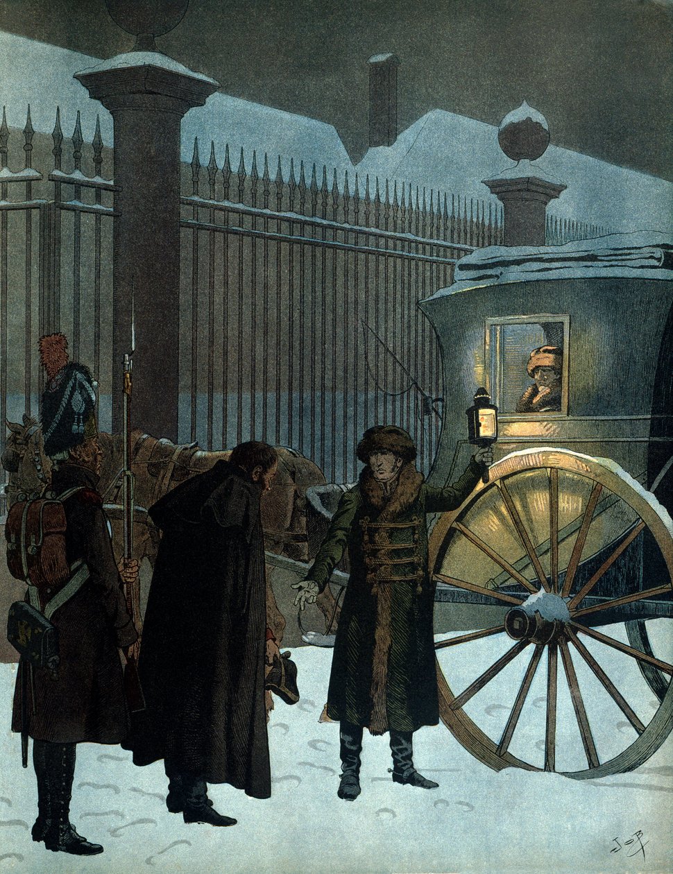Pokonał kampanię rosyjską i wrócił do Paryża: Napoleon I Bonaparte (1769-1821) w sedanie przybył do Tuileries 18 grudnia 1812 r. o godzinie 11 wieczorem po odwrocie Rosjan. W „”Napoleonie”” Georgesa Montorgueila. Ilustracja autorstwa J autorstwa pseudonym for Onfray de Breville Jacques Job