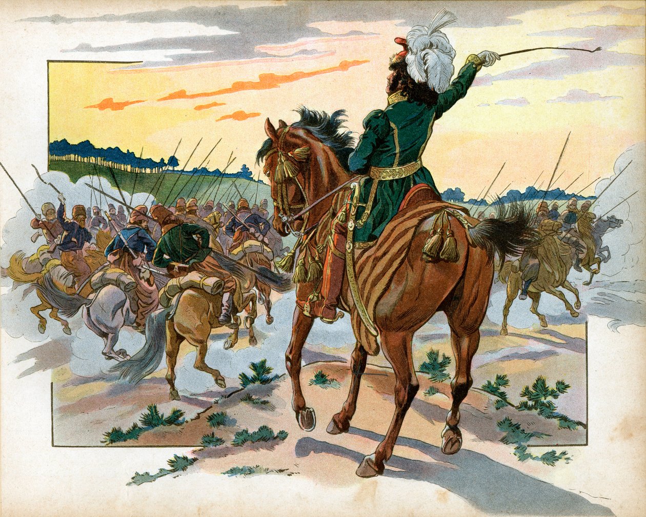Podczas kampanii rosyjskiej Joachim Murat (1767-1815) samotnie wystąpił przeciwko Kozakom i jedynie swoją obecnością umieścił ich w tyle. Grawerowanie: Jacques Marie Gaston Onfray de Breville dit Job (1858-1931) autorstwa pseudonym for Onfray de Breville Jacques Job