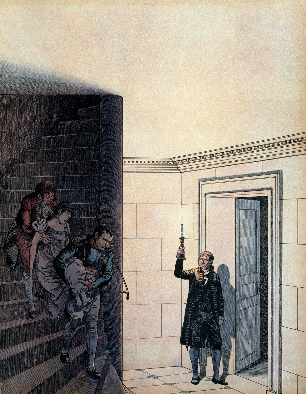 Cesarz Napoleon I Bonaparte (1769-1821) i jego szambelan po ogłoszeniu jej rozwodu w 1809 r., cesarz Józefina (1763-1814) zniknęli w jej sypialni. W „”Napoleonie”” Georgesa Montorgueila. Ilustracja Jacquesa Marie Gastona Onfray autorstwa pseudonym for Onfray de Breville Jacques Job