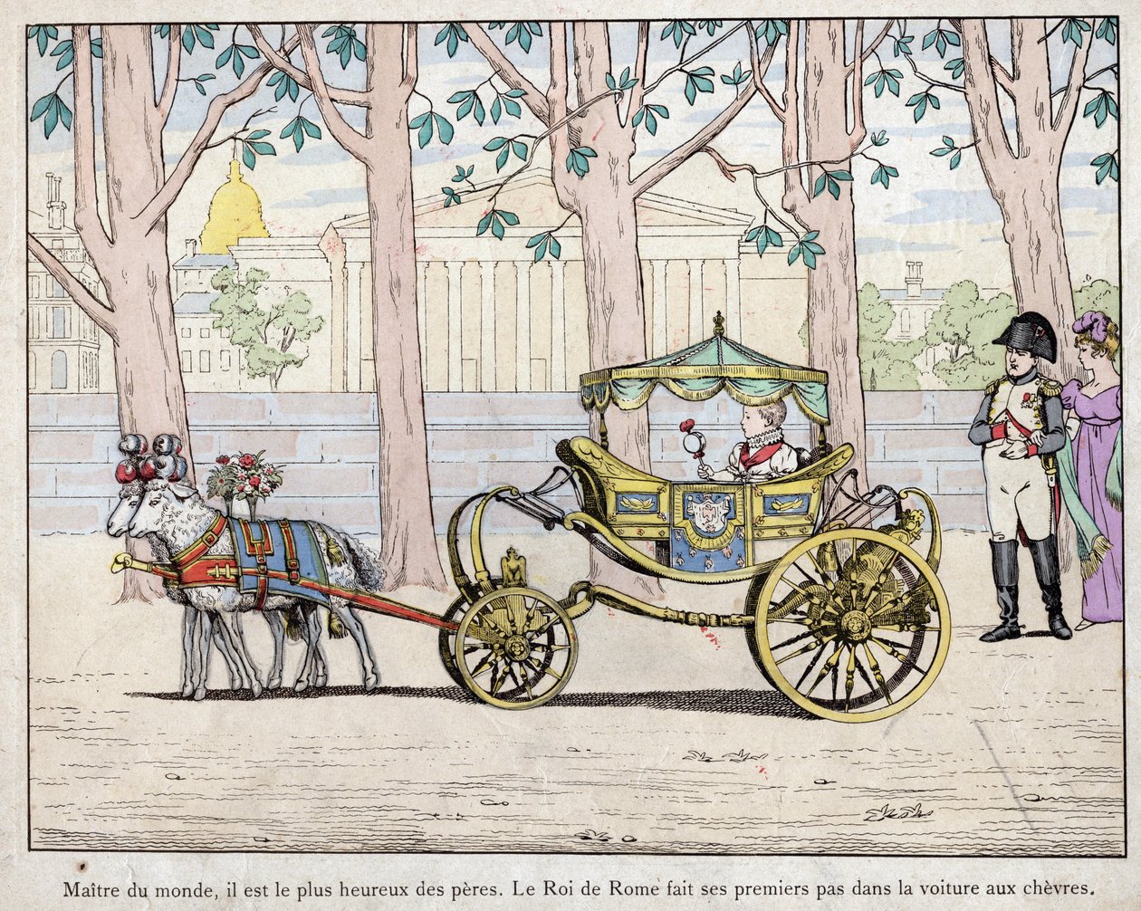 Cesarz Napoleon I Bonaparte (1769-1821) z synem Księciem Napoleonem Francois Karolem Józefem Bonaparte, który został królem Rzymu Napoleon II zwany później Aiglonem - Napoleon obserwujący króla Włoch (Napoleona II) stawiającego pierwsze kroki w autorstwa pseudonym for Onfray de Breville Jacques Job