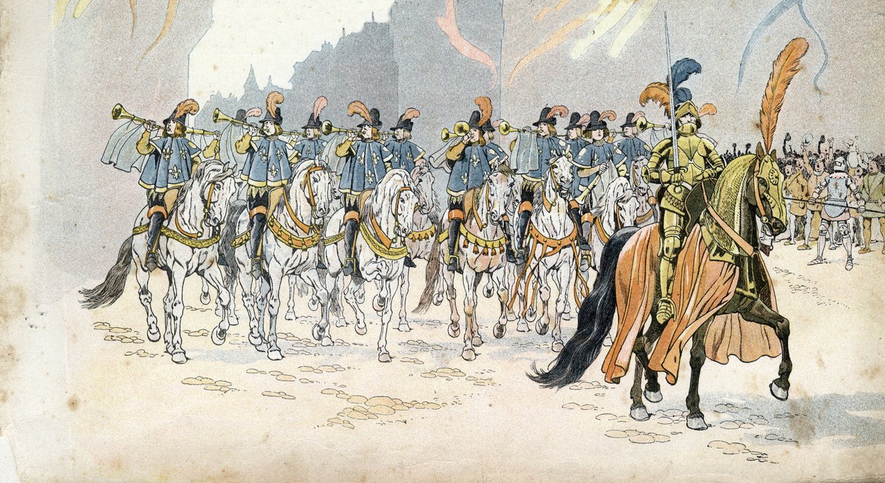 Entrée króla Karola VI (1368-1422) w Paryżu towarzyszy trzydziestu trąbkom. w „”Francja, jego historia opowiedziana przez G. Montorgueil, imagee by Job””” 1896. Zbiory prywatne. autorstwa pseudonym for Onfray de Breville Jacques Job