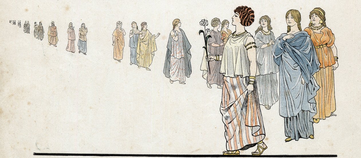 Femmes des „wolni ludzie” (wolni obywatele) noszący suknie zszyte na ramieniu i ciężkie klejnoty na ramionach. w „”Francja, jego historia opowiedziana przez G. Montorgueil, imagee by Job””” 1896. Zbiory prywatne. autorstwa pseudonym for Onfray de Breville Jacques Job