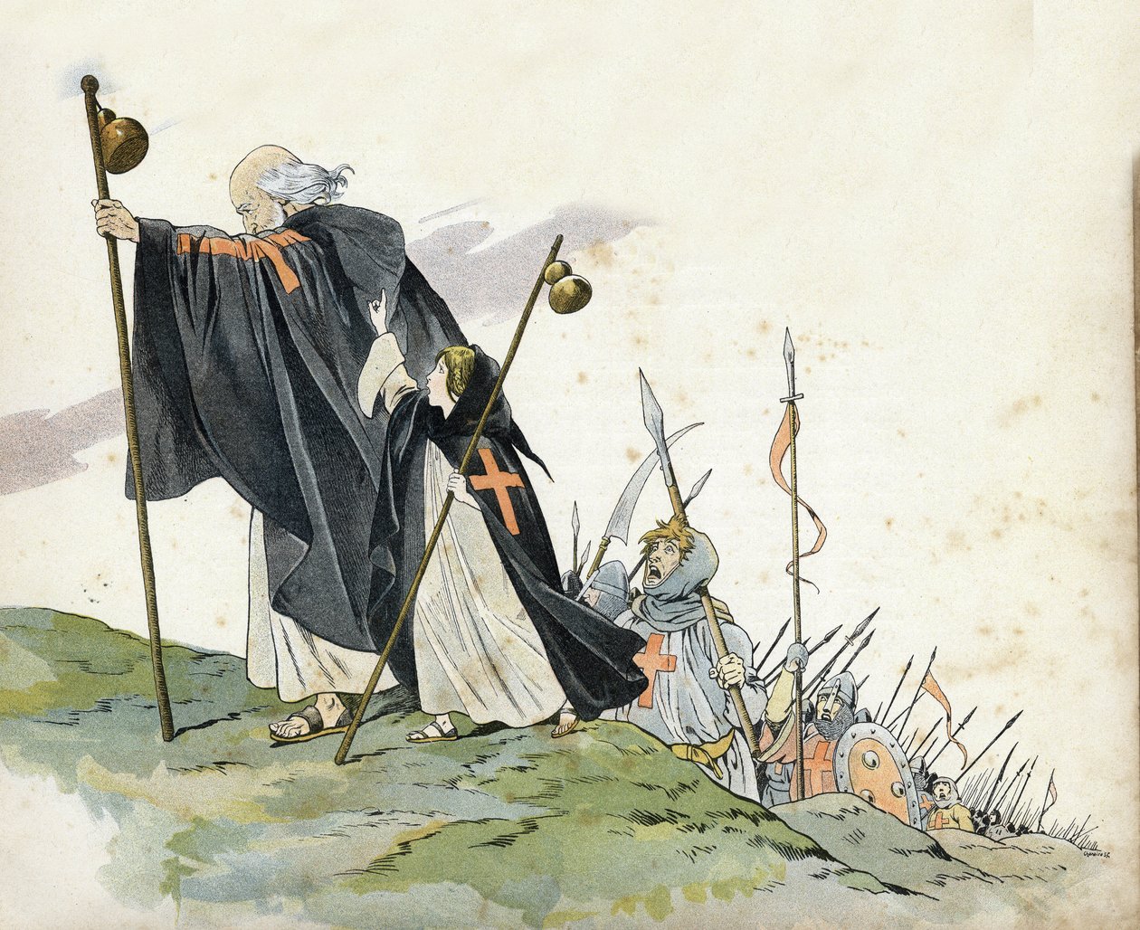 Pierwsza krucjata: Piotr Pustelnik (1050-1115) prowadzi krucjatę do okrzyku „Bóg tego chce!” . Jest ubrany w płaszcz, uderza krzyżem i trzyma bąbel pelerinowy. Towarzyszy jej mała dziewczynka symbolizująca Francję. w „” Francji, jej historia opowiedziana p autorstwa pseudonym for Onfray de Breville Jacques Job