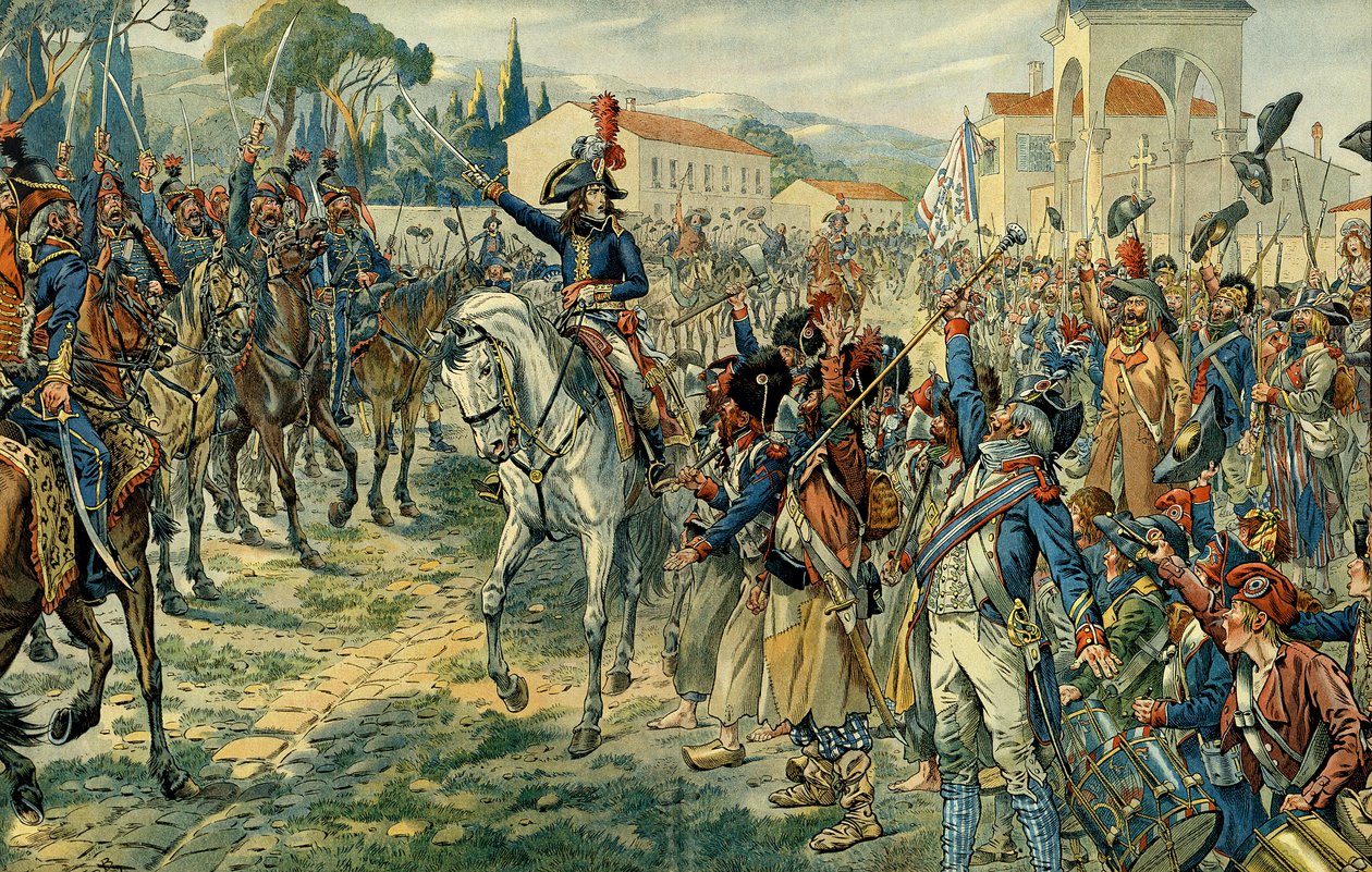 Pierwsza kampania włoska (1796-1797): Napoleon I Bonaparte (1769-1821) dokonał przeglądu armii włoskiej w Nicei 27 marca 1796. Ilustracja Jacques Marie Gaston Onfray de Breville dit JOB (1858-1931). Prywatna kolekcja autorstwa pseudonym for Onfray de Breville Jacques Job