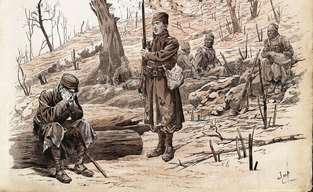 Pierwsza wojna światowa 1914-1918: żołnierz piechoty i senegalscy tyralierowie armii francuskiej. Ilustracja Joba (Jacques Marie Gaston Onfray i Breville) (Jacques-Marie) (1858-1931) do książki „Les grands mots historique du pays de France”” 1915. Pri autorstwa pseudonym for Onfray de Breville Jacques Job