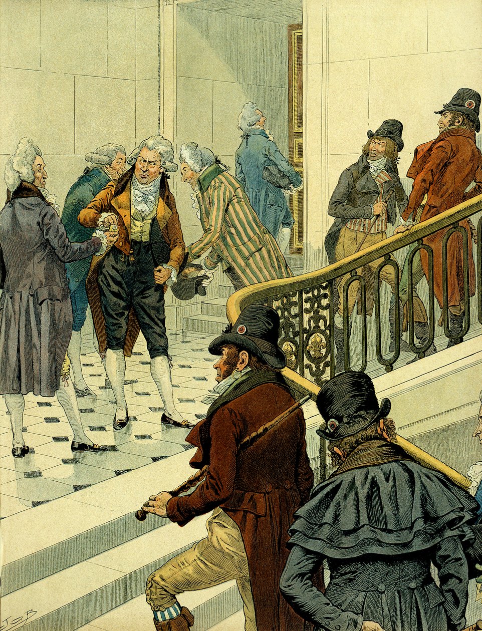 Pierwsze imperium Napoleona I Bonaparte (1769-1821): spotkanie na schodach tuileries między powracającymi emigrantami a byłymi rewolucjonistami. Ilustracja Jacques Marie Gaston Onfray de Breville dit JOB (1858-1931). Prywatna kolekcja autorstwa pseudonym for Onfray de Breville Jacques Job
