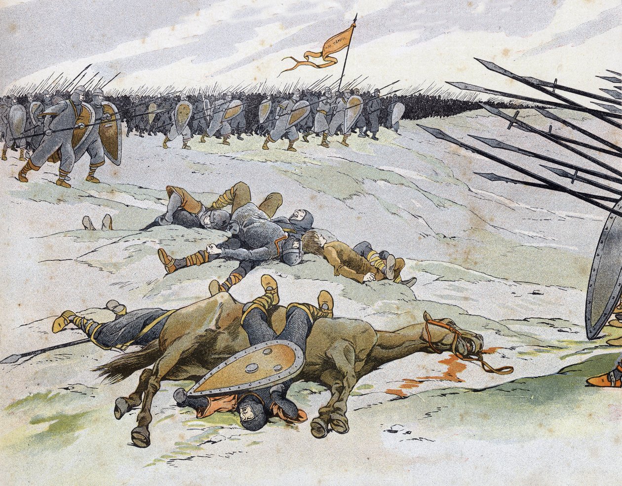 Wojna francusko-angielska (1202-1214): żołnierze, którzy zginęli w bitwie pod Bouvines 27.07.1214, która przeciwstawiła francuską armię Filipa Augusta flamandzkom i Welfom z Othona IV. w „Francja, jej historia opowiedziana przez G. Montorgueila, imagee by  autorstwa pseudonym for Onfray de Breville Jacques Job