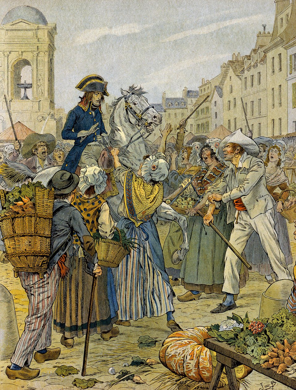 Rewolucja Francuska 1789: Napoleon I Bonaparte (1769-1821) stanął po stronie rewolucyjnej ludności i bez majtek (bez majtek) w Les Halles. Ilustracja Jacques Marie Gaston Onfray de Breville dit JOB (1858-1931). Prywatna kolekcja autorstwa pseudonym for Onfray de Breville Jacques Job