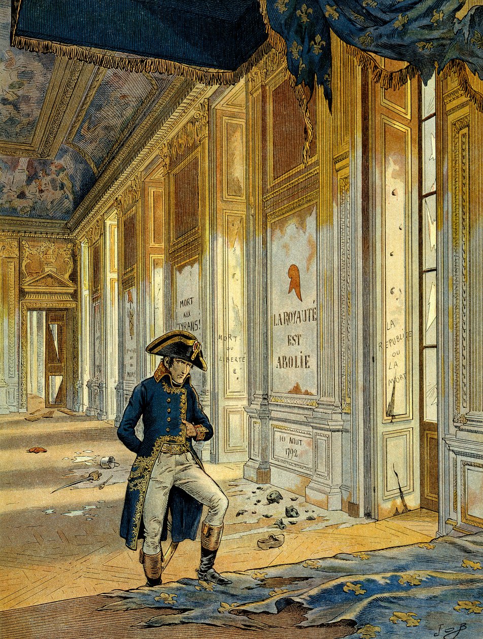 Rewolucja Francuska 1789: Napoleon I Bonaparte (1769-1821) w Sali Tronowej Pałacu Tuileries po przejściu rewolucjonistów, którzy splądrowali to miejsce. Na ścianie widnieje napis: „Królestwo zostało zniesione”. Ilustracja Jacquesa Marie Gastona Onfray autorstwa pseudonym for Onfray de Breville Jacques Job