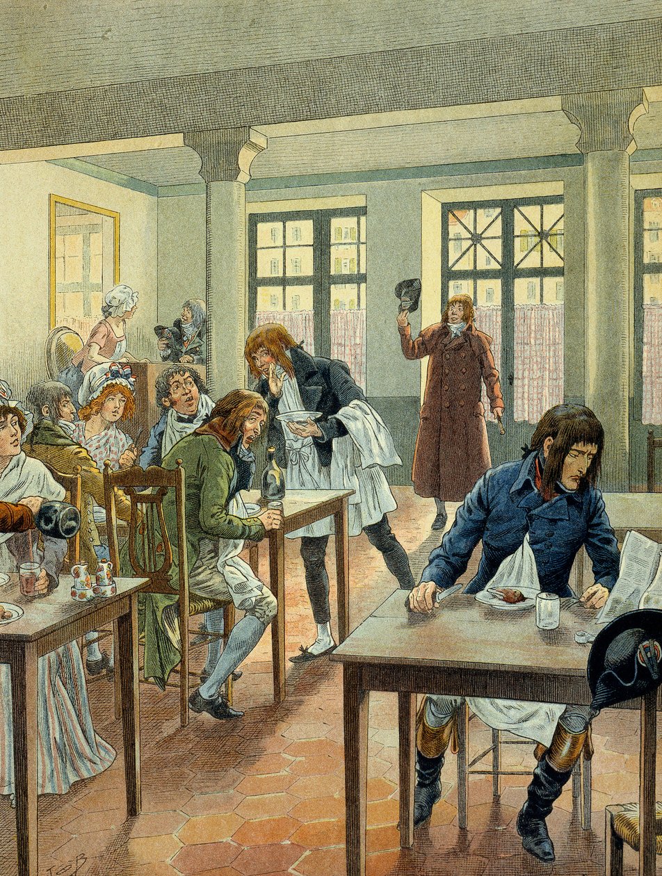 Rewolucja francuska 1789: Napoleon I Bonaparte (1769-1821) młody w gargotier Justat, z rue des petits peres (Petits-Peres) w Paryżu, zredukowany do jednego dania, za które zapłacił 6 w ramach porcji. Ilustracja Jacques Marie Gaston Onfray de autorstwa pseudonym for Onfray de Breville Jacques Job