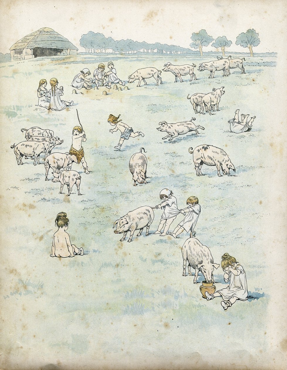 Galijskie dzieci bawiące się świniami w polu. w „”Francja, jego historia opowiedziana przez G. Montorgueil, imagee by Job””” 1896. Zbiory prywatne. autorstwa pseudonym for Onfray de Breville Jacques Job