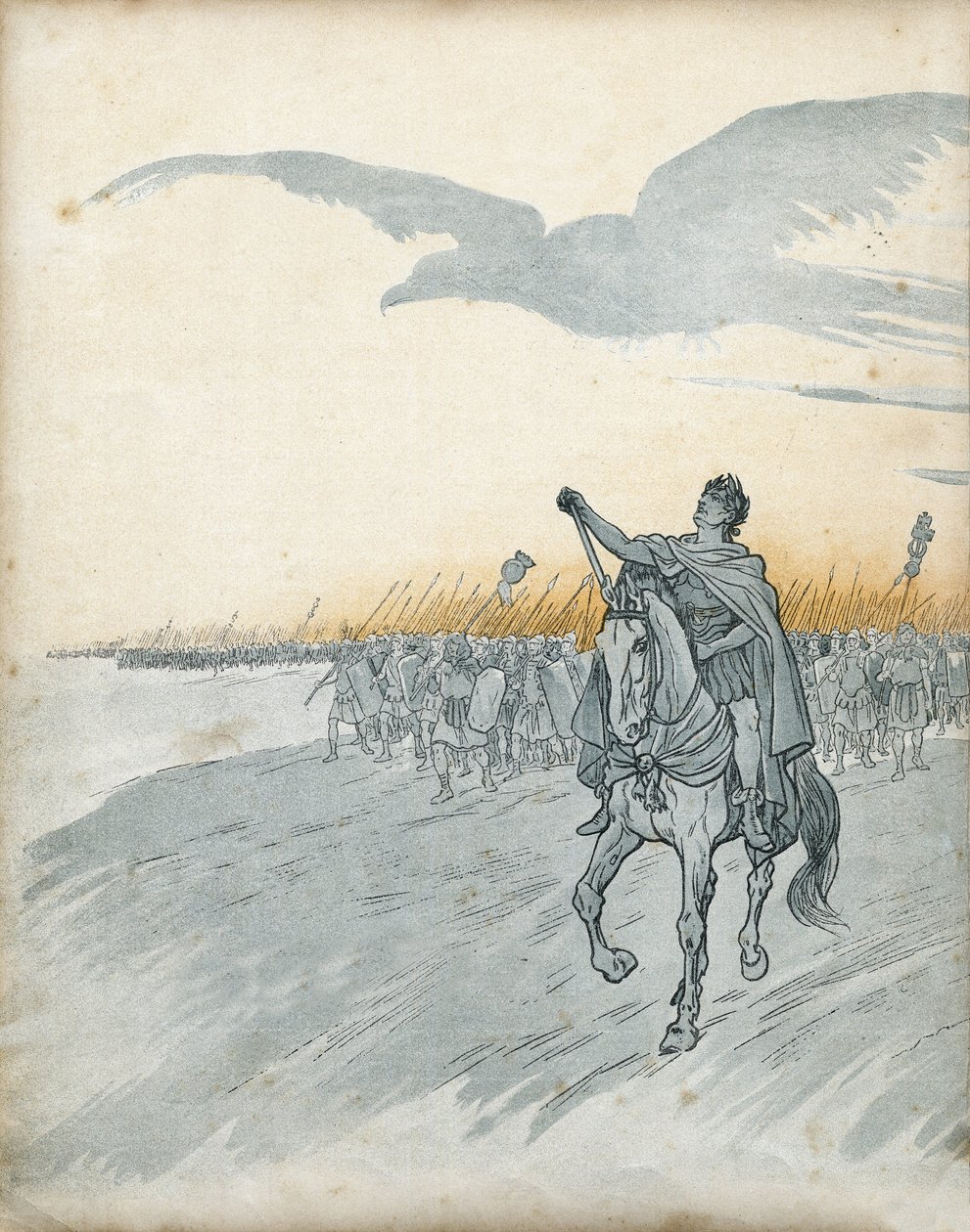 Wojna Galii: Gajusz Juliusz Cezar (wtedy Juliusz Cezar) (100-44 pne) i jego armia najeżdżają Galię. Na niebie pojawia się cień orła, symbolu Cesarstwa Rzymskiego. w „Francja, jego historia opowiedziana przez G. Montorgueila, obrazowana przez Hioba” 1896. Z autorstwa pseudonym for Onfray de Breville Jacques Job