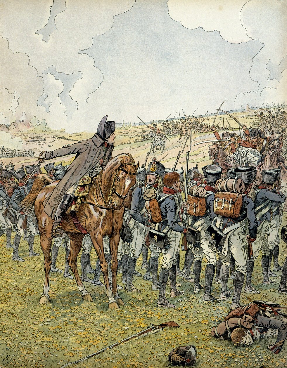 Kampania niemiecka w 1813 r.: Napoleon I Bonaparte (1769-1821) w bitwie pod Lutzen 2 maja 1813 r. dowodził swoją armią przed odniesieniem zwycięstwa. W „”Napoleonie”” Georgesa Montorgueila. Ilustracja Jacques Marie Gaston Onfray de Breville dit JOB (1858-1 autorstwa pseudonym for Onfray de Breville Jacques Job