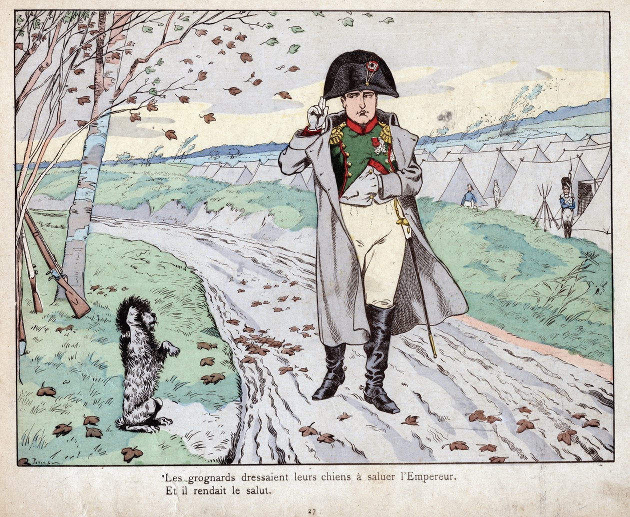 Grognards (Stara Gwardia Napoleona Bonaparte) szkolił swoje psy, by pozdrawiały cesarza - litografia autorstwa Joba (Jacques Onfroy de Breville) z „”Le Grand Napoleon des Petites Enfants””” 1893 autorstwa pseudonym for Onfray de Breville Jacques Job