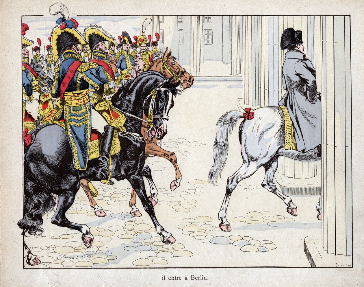 Wjeżdża do Berlina - wojska Napoleona I wkraczają do Berlina - 1806 - litografia Hioba (Jacques Onfroy de Breville) z „”Le Grand Napoleon des Petites Enfants””” 1893 autorstwa pseudonym for Onfray de Breville Jacques Job