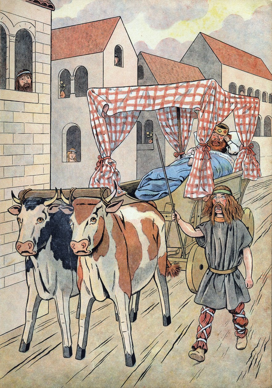 Historia Francji. Scena przedstawiająca leniwych królów w zabawkach: Król Francji Thierry III (673-691) niesie w czołgu z łóżkiem ciągniętym przez woły. W „” Joujoux a l