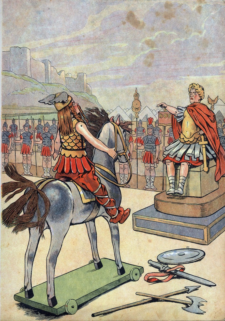 Historia Francji. Scena rzymskiej Galii z zabawkami: wódz galijski Wercyngetoryks (72-46 p.n.e.) udający się do rzymskiego wodza Julesa Cezara (100-44 p.n.e.) po bitwie pod Alezją w 52 p.n.e. w „” Zagrajmy w historię: Francja wystawiona z Joujoux dwóch mał autorstwa pseudonym for Onfray de Breville Jacques Job