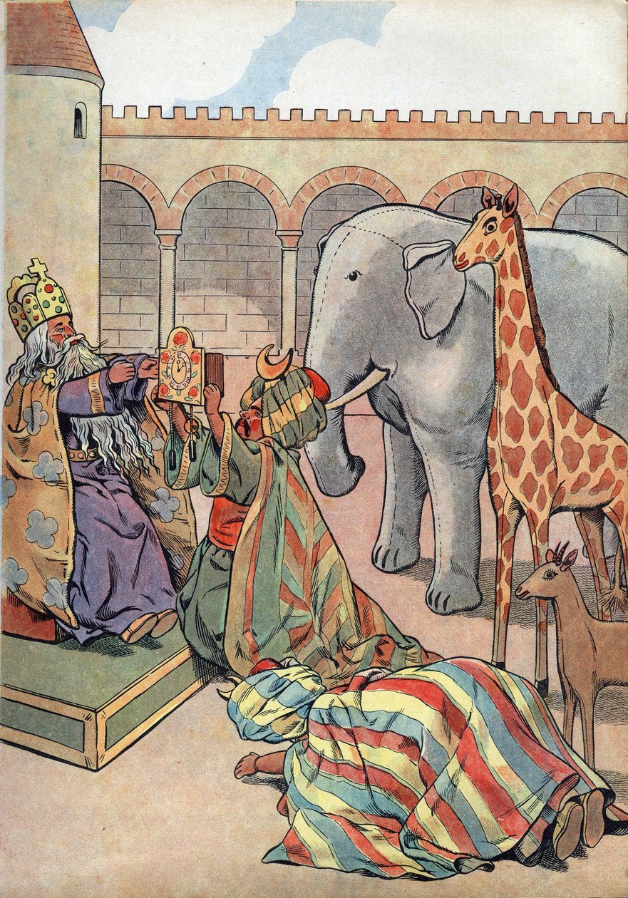 Historia Francji. Scena z życia Karola Wielkiego w zabawkach: Kalif Haron Al Raszid (Haron-Al-Rachid) daje królowi Francji Karolowi Wielkiemu (742-814) żyrafę, słonia i zegar. W „” Joujoux a l