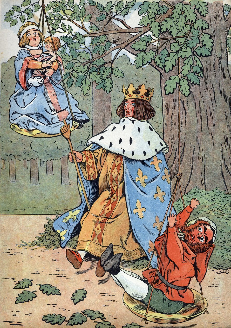 Historia Francji. Scena z życia św. Ludwika w zabawkach: Król Ludwik IX zwany św. Ludwikiem (1214-1270) wymierza sprawiedliwość u stóp dębu. W „” Joujoux a l