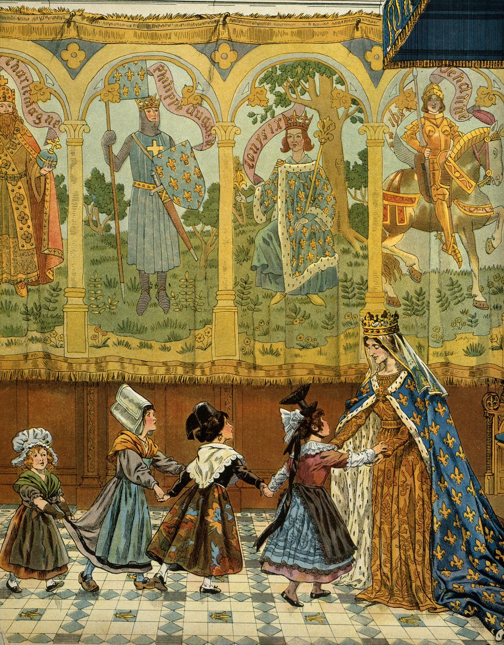 Historia Francji w średniowieczu (średniowiecze): Alegoria prowincji francuskich poświadczała koronę Francji za panowania króla Ludwika XI zwanego Roztropnym (1423-1483). Ilustracja Jacques Marie Gaston Onfray de Breville dit JOB (1858-1931) autorstwa pseudonym for Onfray de Breville Jacques Job
