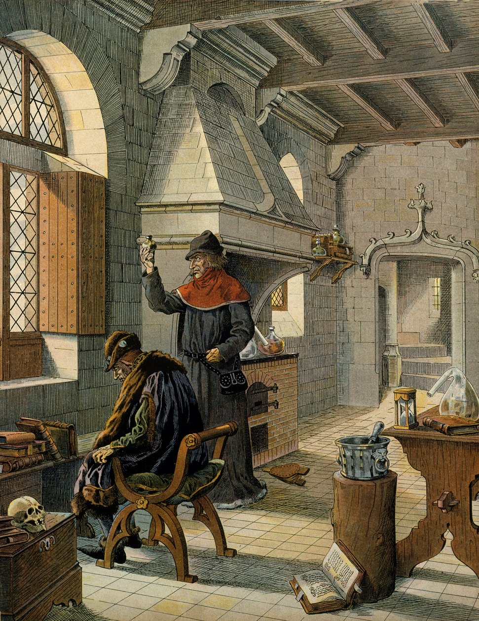 Historia Francji w średniowieczu (średniowiecze): Jacques Coictier, pierwszy lekarz króla Francji Ludwika XI zwany Roztropnym (1423-1483), przygotowujący dla niego lekarstwo. Ilustracja Jacques Marie Gaston Onfray de Breville dit JOB (1858-1931) autorstwa pseudonym for Onfray de Breville Jacques Job