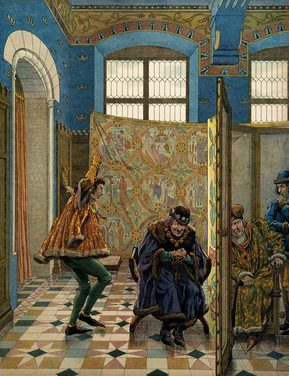 Historia Francji w średniowieczu (średniowiecze): Jeden z dżentelmenów Connetable of Saint Pol wyśmiewa króla Anglii (jego sojusznika), zanim król Francji Ludwik XI powiedział Roztropny (1423-1483), gdy wysłannik Edwarda IV przyszedł na spotkanie L autorstwa pseudonym for Onfray de Breville Jacques Job