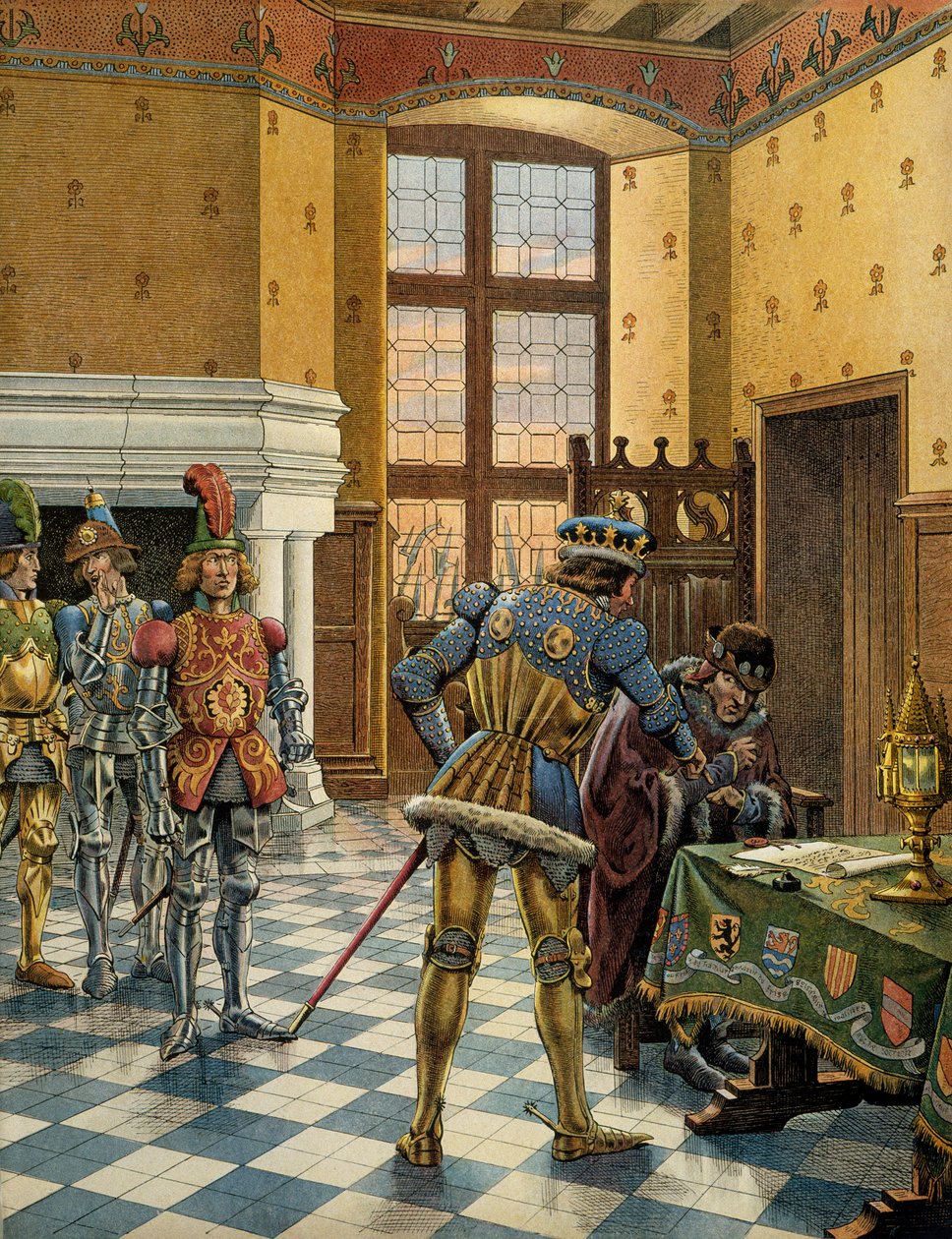 Historia Francji w średniowieczu (średniowiecze): Wywiad Peronne między 9 a 14 października 1468 między królem Ludwikiem XI powiedział, że Roztropny (1423-1483) i Karol Temeraire (1433-1477) Ilustracja Jacques Marie Gaston Onfray z Breville JO autorstwa pseudonym for Onfray de Breville Jacques Job