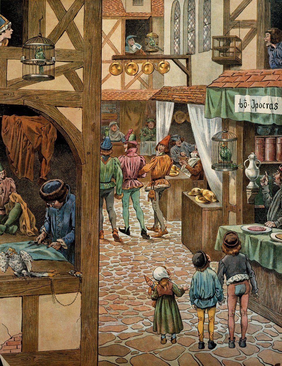 Historia Francji w średniowieczu (średniowiecze): Rue de Paris po tym, jak król Ludwik XI powiedział, że Roztropny (1423-1483) podpisał handel Peronne z Charlesem Le Temeraire. Paryżanie kupili papugi, od których nauczyli się mówić „Peronne”, żeby się z ni autorstwa pseudonym for Onfray de Breville Jacques Job