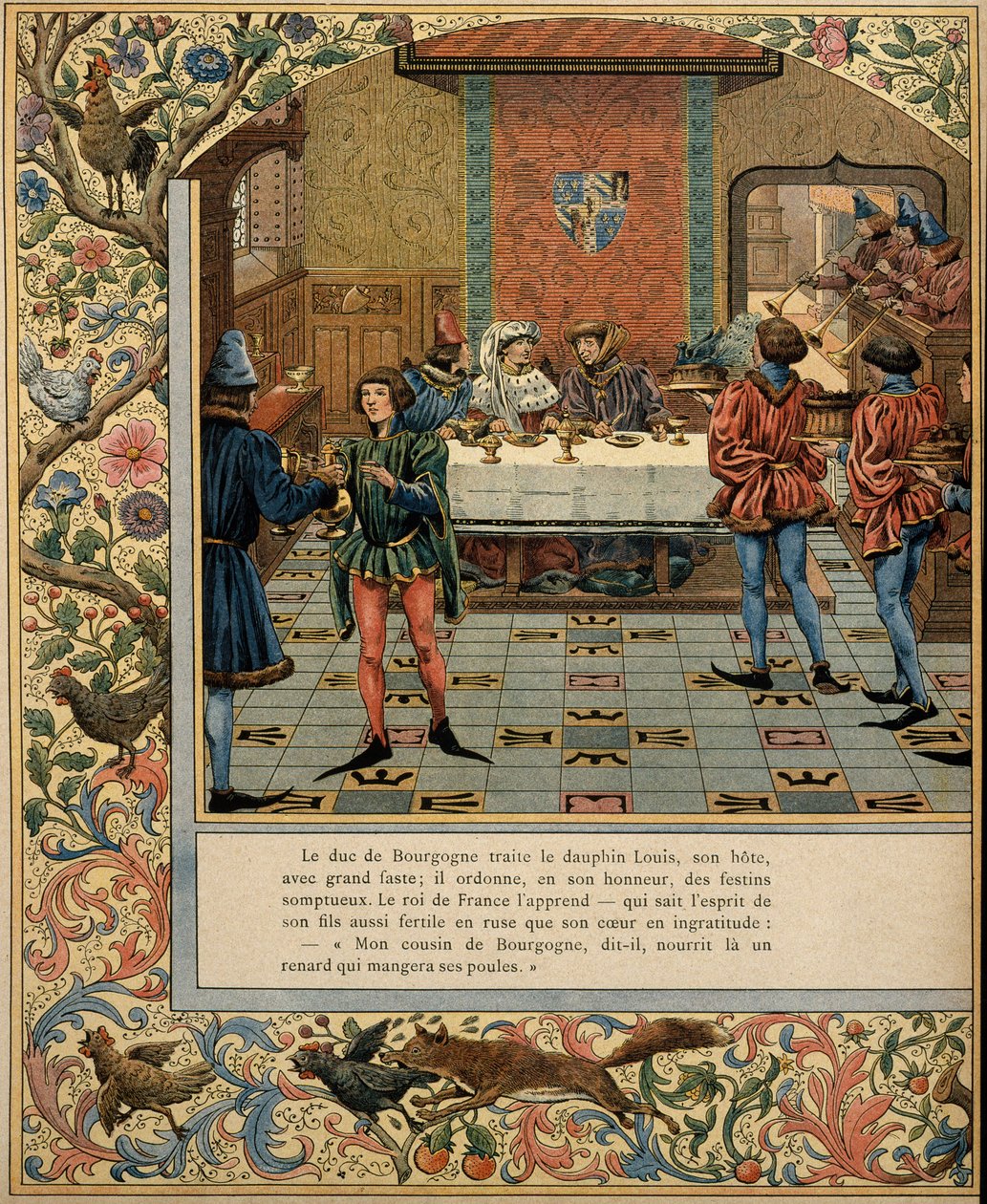Historia Francji w średniowieczu (średniowiecze): Książę Burgundii Filip Le Bon (1396-1467) ma stół z zaproszeniem delfina Ludwika (wówczas króla Francji Ludwika XI znanego jako Roztropny autorstwa pseudonym for Onfray de Breville Jacques Job