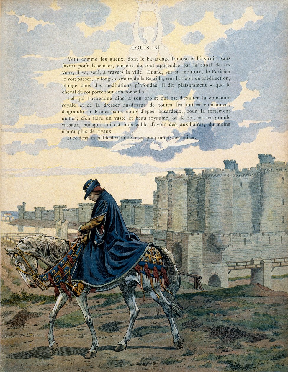 Historia Francji w średniowieczu (średniowiecze): Król Francji Ludwik XI zwany Roztropnym (1423-1483) przechadza się ulicami Paryża i przed więzieniem Bastylii bez ozdabiania i eskorty. Ilustracja Jacquesa Marie Gastona Onfray autorstwa pseudonym for Onfray de Breville Jacques Job