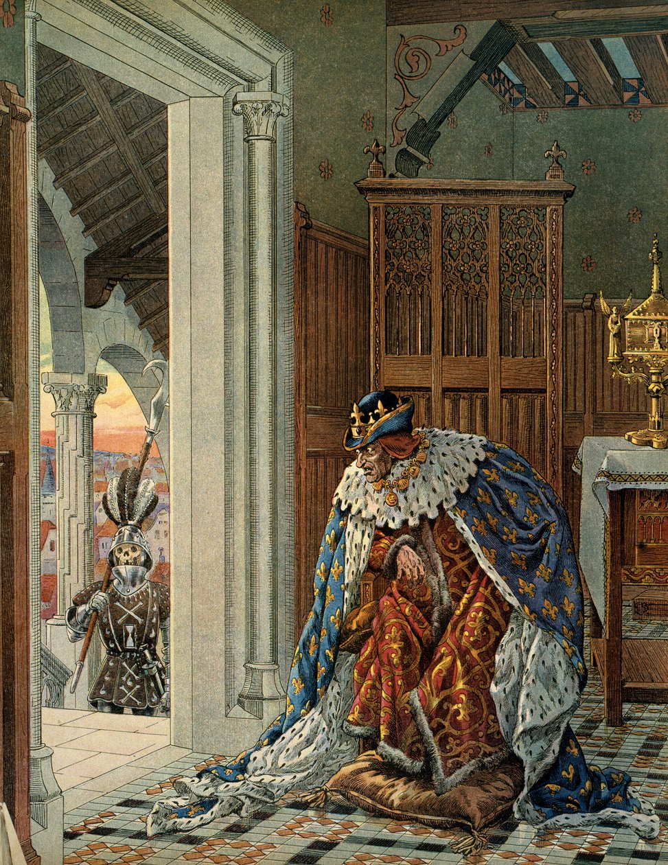 Historia Francji w średniowieczu (średniowiecze): Król Francji Ludwik XI mówi, że Roztropny (1423-1483) boi się śmierci w zbroi na progu. Ilustracja Jacques Marie Gaston Onfray de Breville dit JOB (1858-1931) autorstwa pseudonym for Onfray de Breville Jacques Job