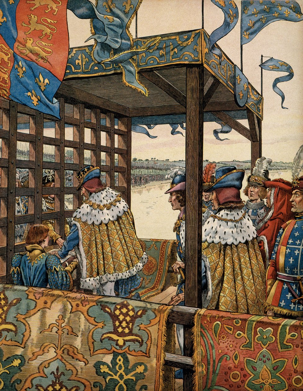 Historia Francji w średniowieczu (średniowiecze): spotkanie króla Francji Ludwika XI znanego jako Roztropny (1423-1483) i Edwarda IV Anglii (1442-1483) w Picquigny w celu podpisania siedmioletniego trewe 29 sierpnia autorstwa pseudonym for Onfray de Breville Jacques Job