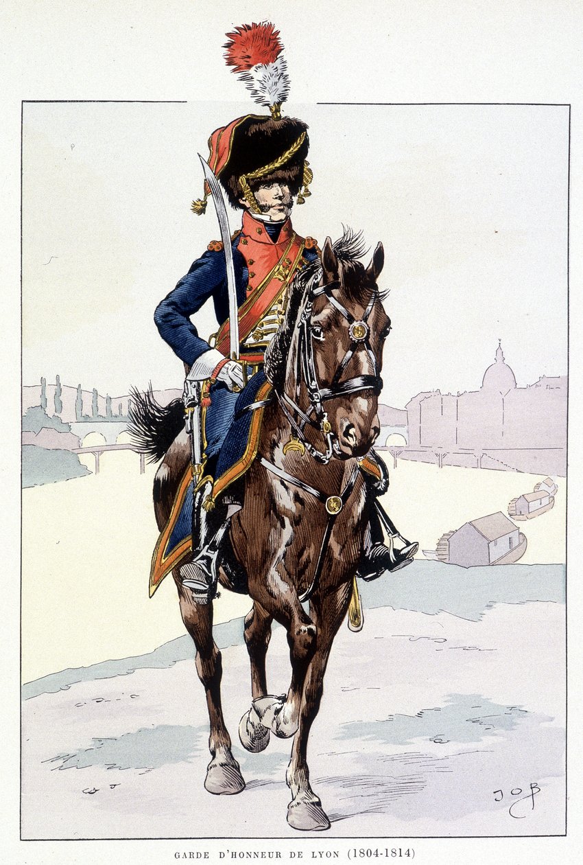 Jeździec gwardii honorowej Lyonu (1804-1814) - w ""Strój wojsk francuskich: Armee de terre et de mer à toutes les epoques"", il. przez Job autorstwa pseudonym for Onfray de Breville Jacques Job