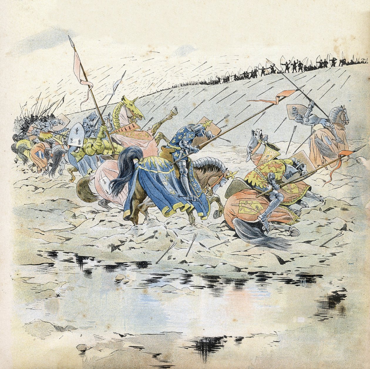 Wojna stuletnia: „”Bitwa pod Azincourt w dniu 25.10.1415””. Wojska francuskie pokonane przez armię króla Henryka V (1387-1422). w „Francja, jego historia opowiedziana przez G. Montorgueila, imagee by Job” 1896. Zbiory prywatne. autorstwa pseudonym for Onfray de Breville Jacques Job