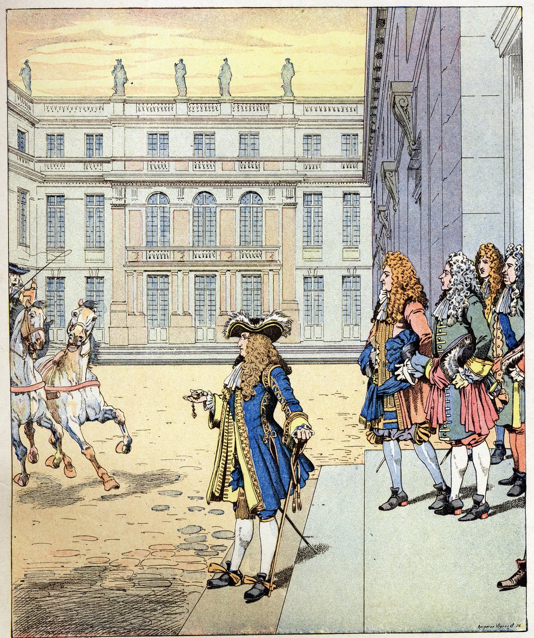 Prawie czekałem! słowa króla Francji Ludwika XIV mówiły, że król Soleil (1638-1715) przemówił przed zamkiem w Wersalu, gdy jego karosy dotarły dokładnie o czasie. Ilustracja Joba (Jacques Marie Gaston Onfray i Breville) (Jacques-Marie) autorstwa pseudonym for Onfray de Breville Jacques Job