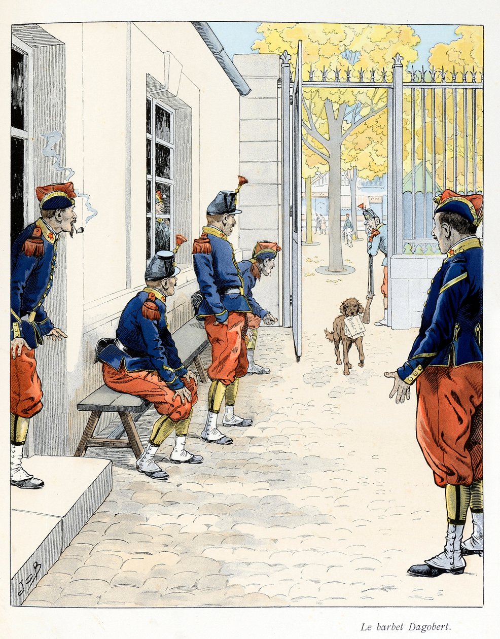 Ilustracja zaczerpnięta z książki „A la gloire des betes”” tekst A Fabre, rysunki Jacques Marie Gaston Onfray de Breville dit JOB (1858-1931), wydawca Maison Alfred Mame et fils: The Barbet Dagobert (w koszarach w Paryżu ), Odbiór częściowy autorstwa pseudonym for Onfray de Breville Jacques Job