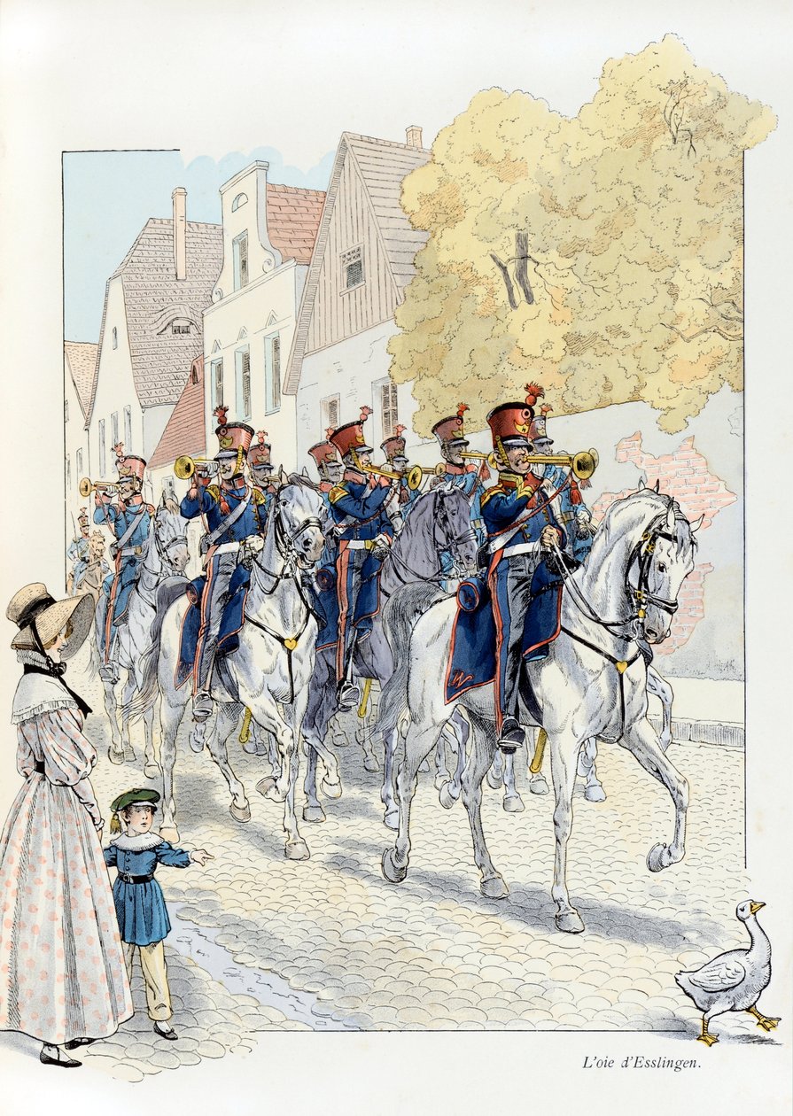 Ilustracja z książki „A la Glory des Betes” tekst A Fabre, rysunki Jacques Marie Gaston Onfray de Breville dit JOB (1858-1931), wydawca Maison Alfred Mame et fils: L’oie d’Esslingen (w 1833 r., maskotka pułku, maszeruje na czele, Collect autorstwa pseudonym for Onfray de Breville Jacques Job