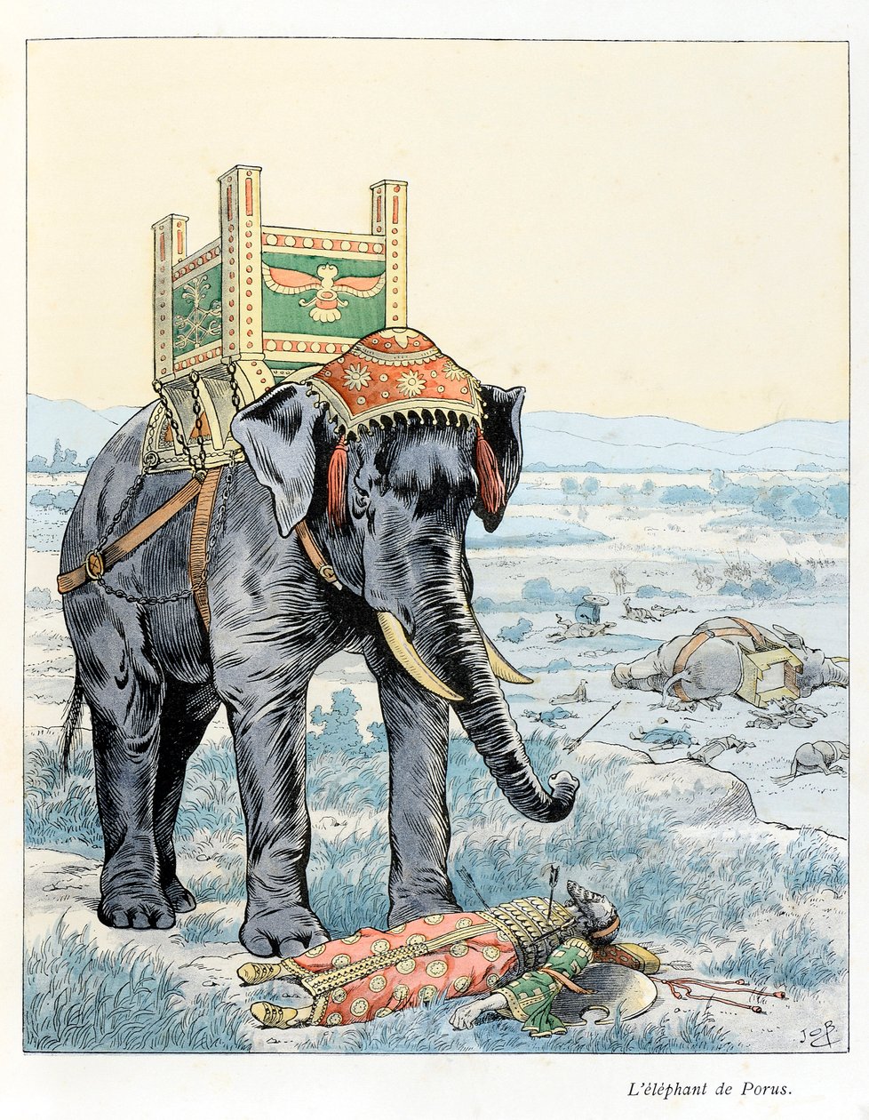 Ilustracja z książki „W chwale bestii” tekst A Fabre, rysunki Jacques Marie Gaston Onfray de Breville mówi JOB (1858-1931), wydawca Maison Alfred Mother and Son: The Elephant of Porus (At the Battle of Porus Hydaspe) w 328 pne Porus pokonany przez autorstwa pseudonym for Onfray de Breville Jacques Job