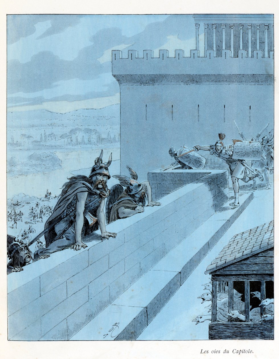 Ilustracja z książki „A la Glory des Betes” tekst A Fabre, rysunki Jacques Marie Gaston Onfray de Breville dit JOB (1858-1931), redaktor Maison Alfred Mame et fils: Les goies du Capitole (890 pne), les Galowie oblężenie Rzymu, kolekcja częściowa autorstwa pseudonym for Onfray de Breville Jacques Job