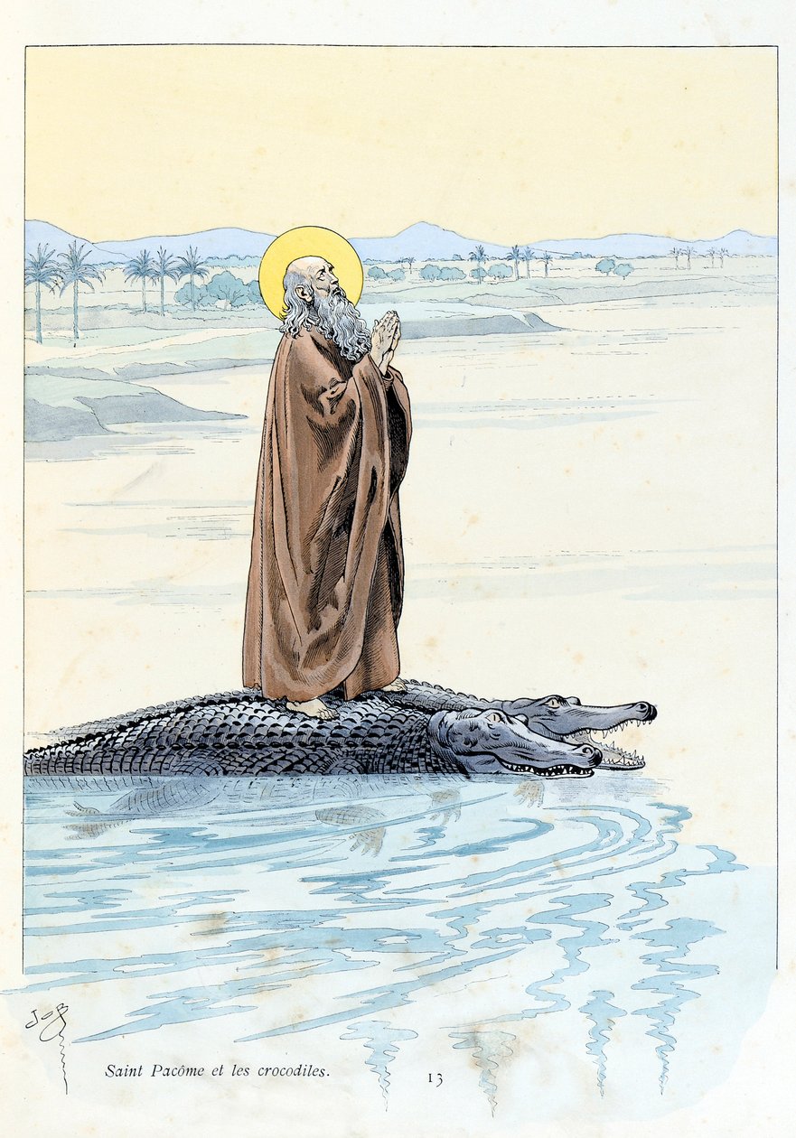 Ilustracja z książki „A la Glory des Betes” tekst A Fabre, rysunki Jacques Marie Gaston Onfray de Breville dit JOB (1858-1931), redaktor Maison Alfred Mame et fils: Saint Pacome (opactwo 292-348) oraz Krokodyle, kolekcja prywatna autorstwa pseudonym for Onfray de Breville Jacques Job