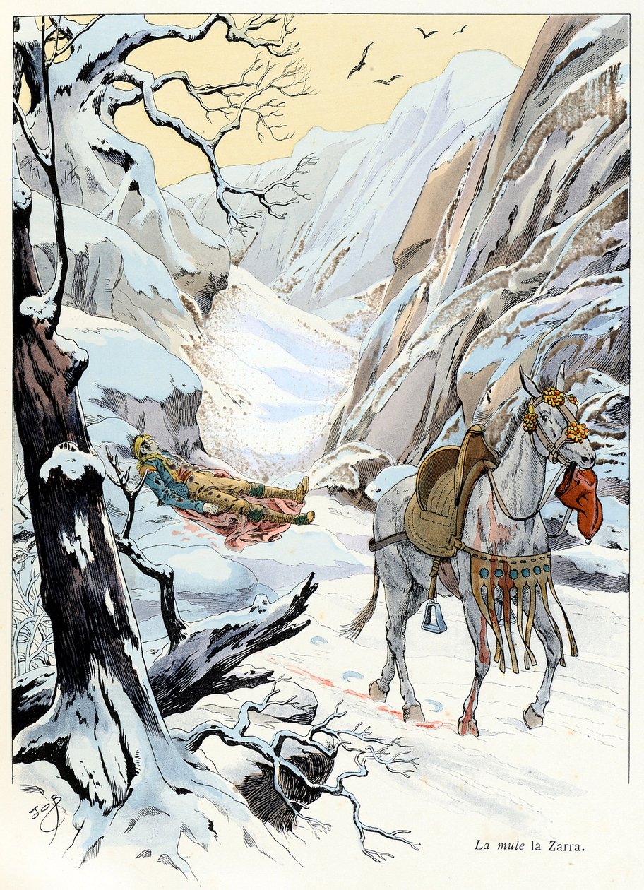 Ilustracja z książki „A la Glory des Betes”” tekst A Fabre, rysunki Jacques Marie Gaston Onfray de Breville dit JOB (1858-1931), wydawca Maison Alfred Mame i syn: La mule 