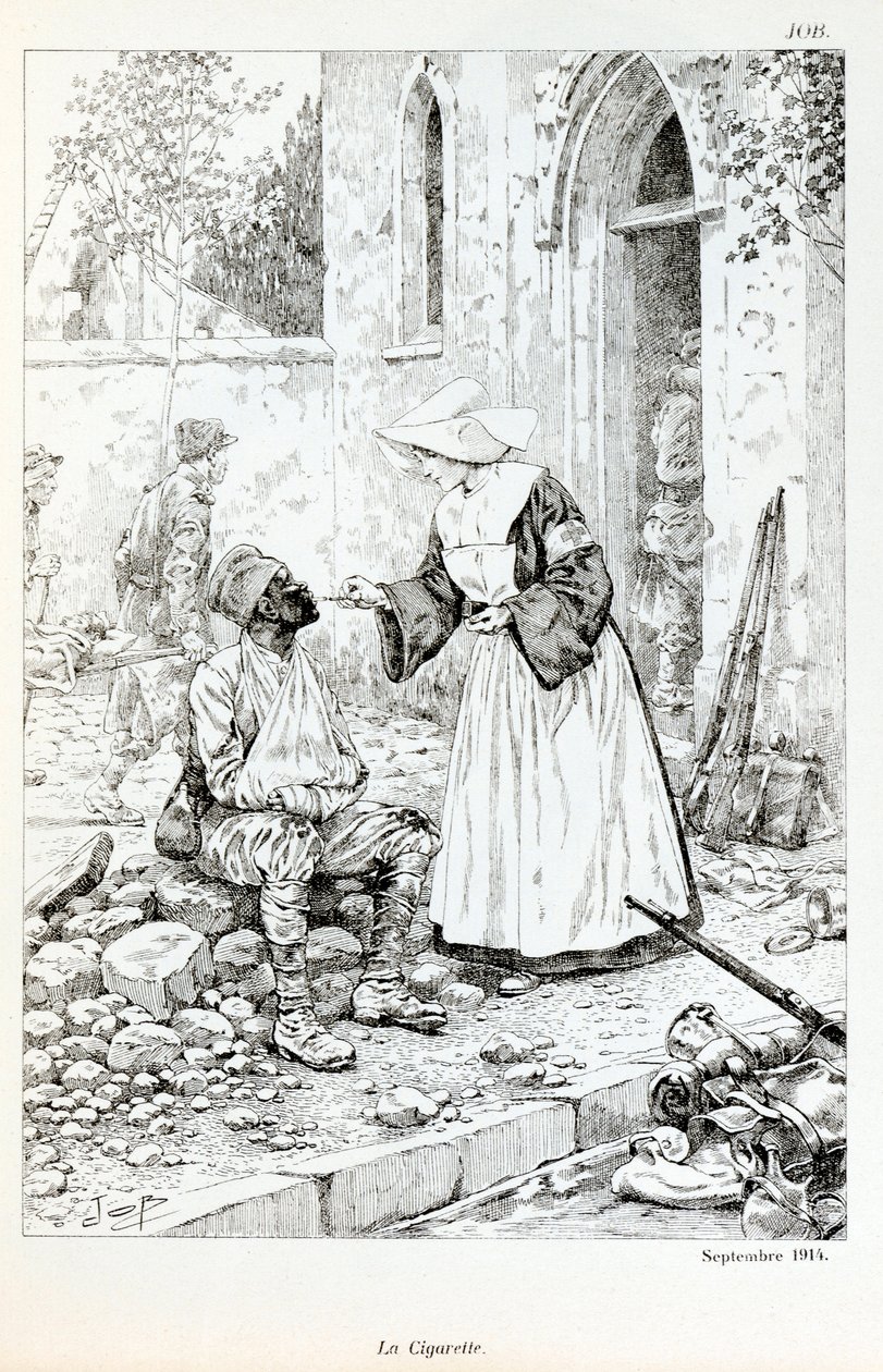 Ilustracja z książki „La Grande Guerre par les artistes””: „”La cigarette Septembre 1914””” zakonnik wręczający papierosa rannemu żołnierzowi, Jacques Marie Gaston Onfray de Breville dit JOB (1858-1931), Partial Collection autorstwa pseudonym for Onfray de Breville Jacques Job