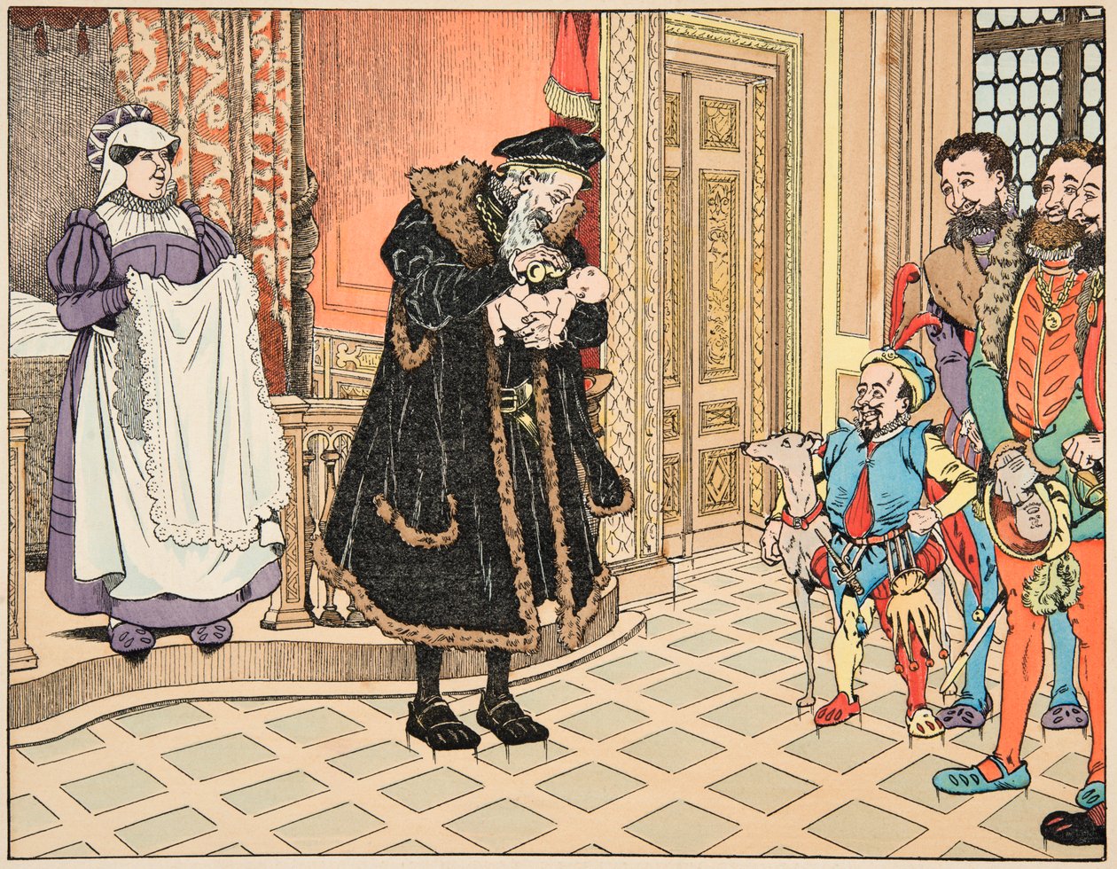 Ilustracja z książki „Le bon roy Henri””, zilustrowana przez Jacques Marie Gaston Onfray de Breville dit JOB (1858-1931): Narodziny Henryka IV, jego dziadek, Henri d